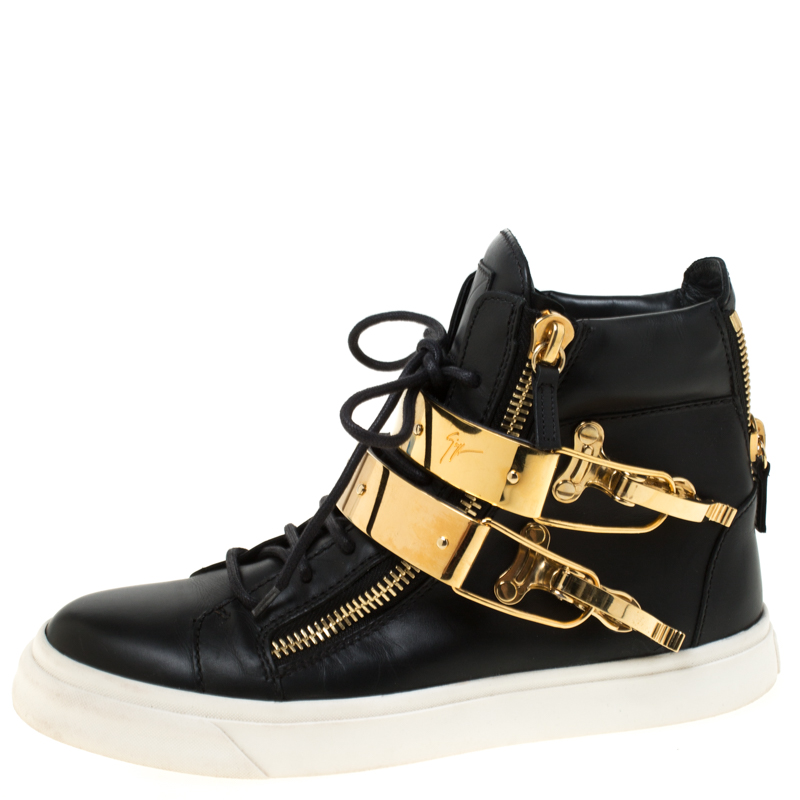 

Giuseppe Zanotti Leather Metal Plate Ski Buckle High Top Sneakers Size, Black
