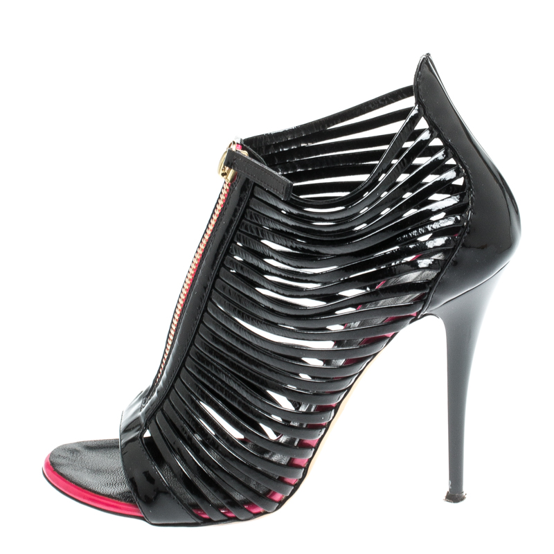 

Giuseppe Zanotti Black/Pink Patent Leather Zip Caged Open Toe Booties Size
