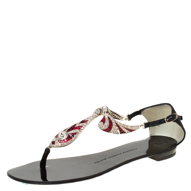 Pre Owned Giuseppe Zanotti Black Crystal Embellished Thong Sandals Size 37