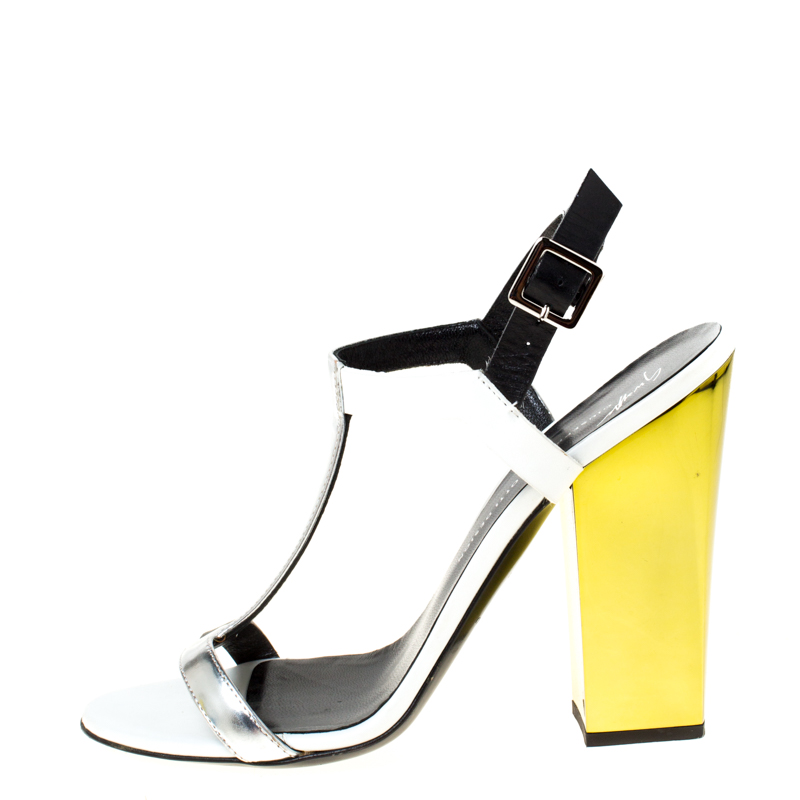 

Giuseppe Zanotti Tricolor Metallic Leather Ankle Strap Block Heel Sandals Size, Silver