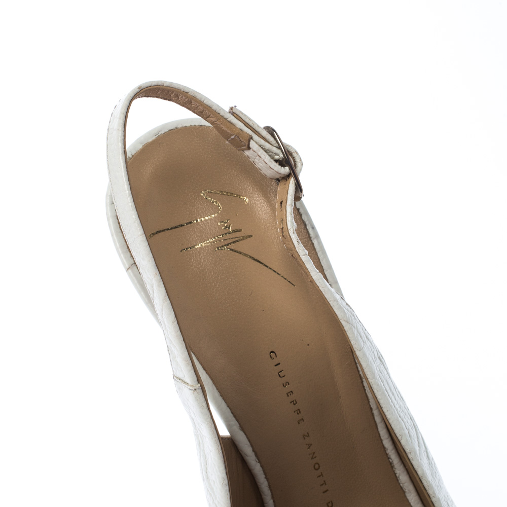 Pre-owned Giuseppe Zanotti White Embossed Leather Peep Toe Slingback Platform Sandals Size 40