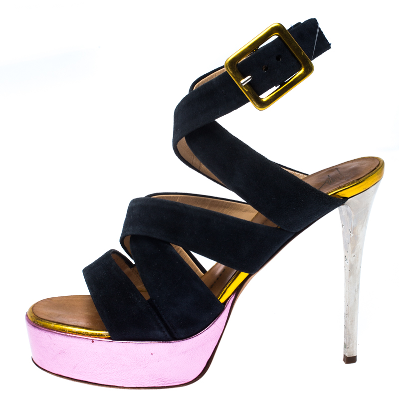 

Giuseppe Zanotti Multicolor Suede and Patent Leather Strappy Platform Sandals Size