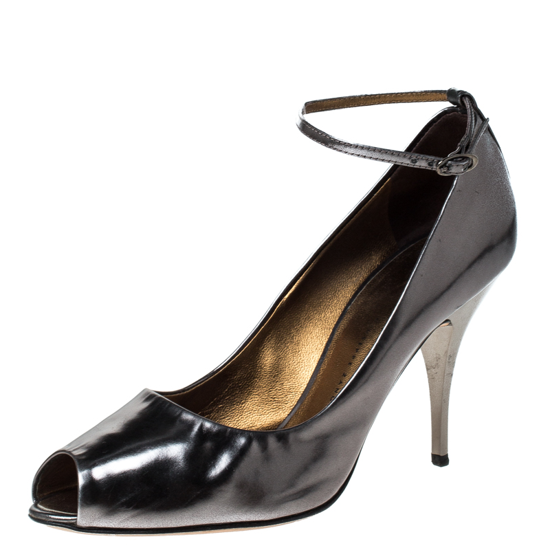 

Giuseppe Zanotti Metallic Grey Leather Peep Top Ankle Strap Pumps Size