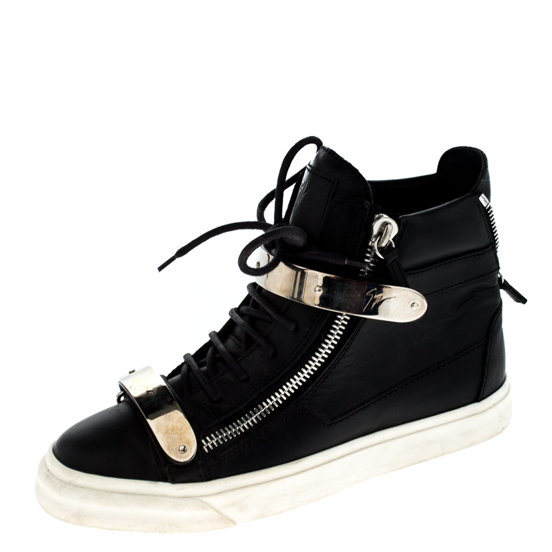 Pre Owned Giuseppe Zanotti Black Leather Double Chain High Top Sneakers Size 38