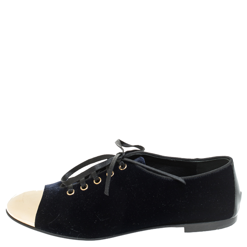 

Giuseppe Zanotti Blue Velvet Gold Tone Cap Toe Oxford Flats Size