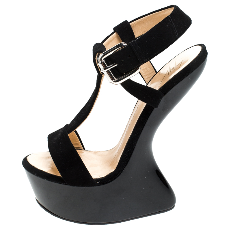

Giuseppe Zanotti Black Suede T Strap Platform Heel Less Wedge Sandals Size