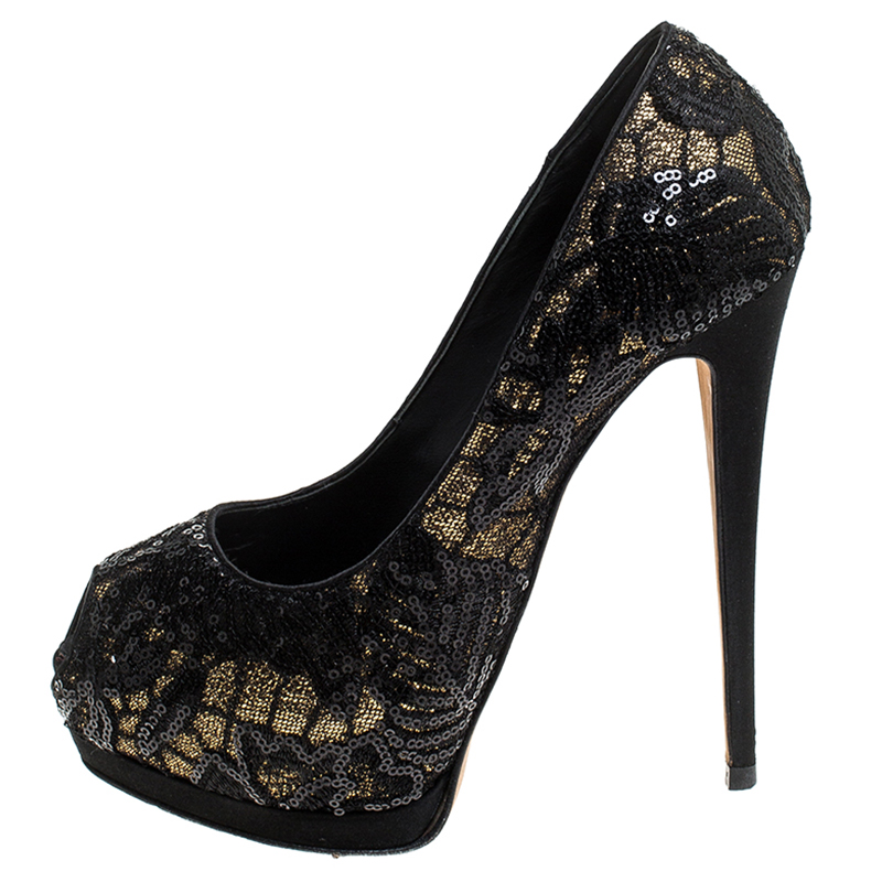 

Giuseppe Zanotti Black Sequin Glitter Fabric Peep Toe Platform Pumps Size