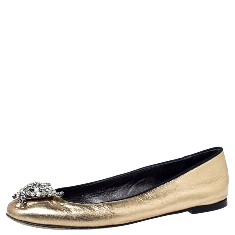 

Giuseppe Zanotti Metallic Gold Leather Crystal Embellished Ballet Flats Size
