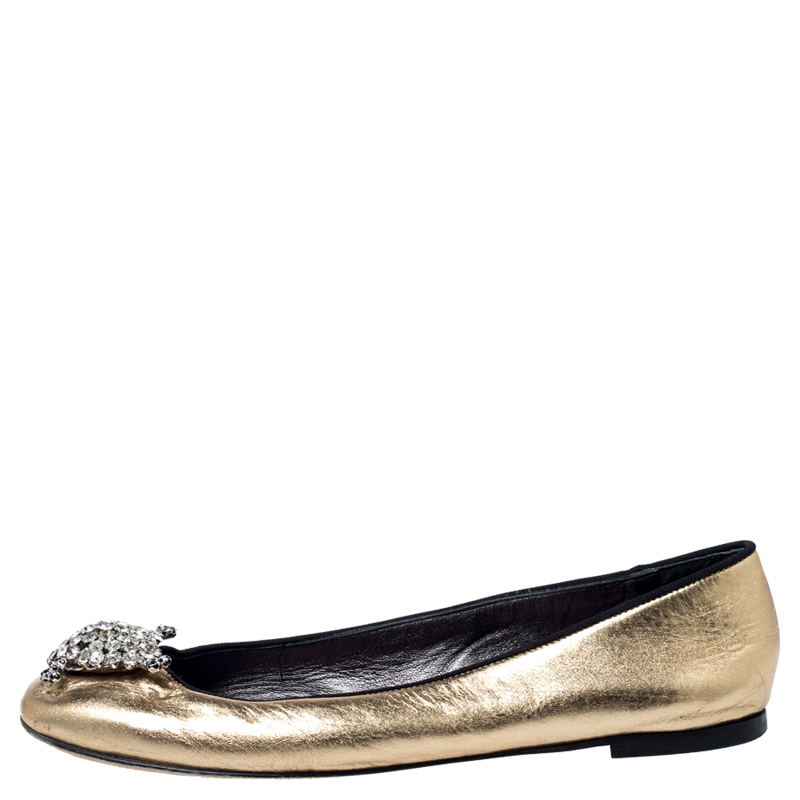 Pre-owned Giuseppe Zanotti Metallic Gold Leather Crystal Embellished Ballet Flats Size 38