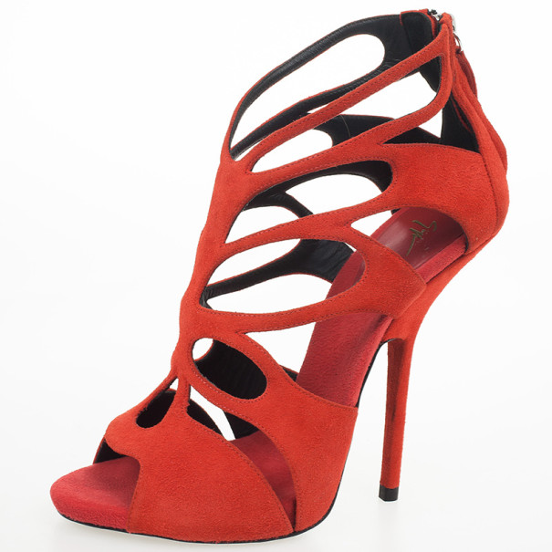 Pre Owned Giuseppe Zanotti Orange Suede Butterfly Cutout Sandals Size 38