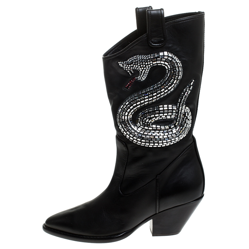 

Giuseppe Zanotti Black Snake Embellished Leather Guns 55 Cowboy Boots Size