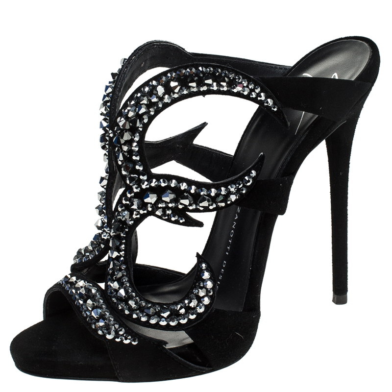 Pre Owned Giuseppe Zanotti Black Suede Crystal Embellished Open Toe Slides Size 36