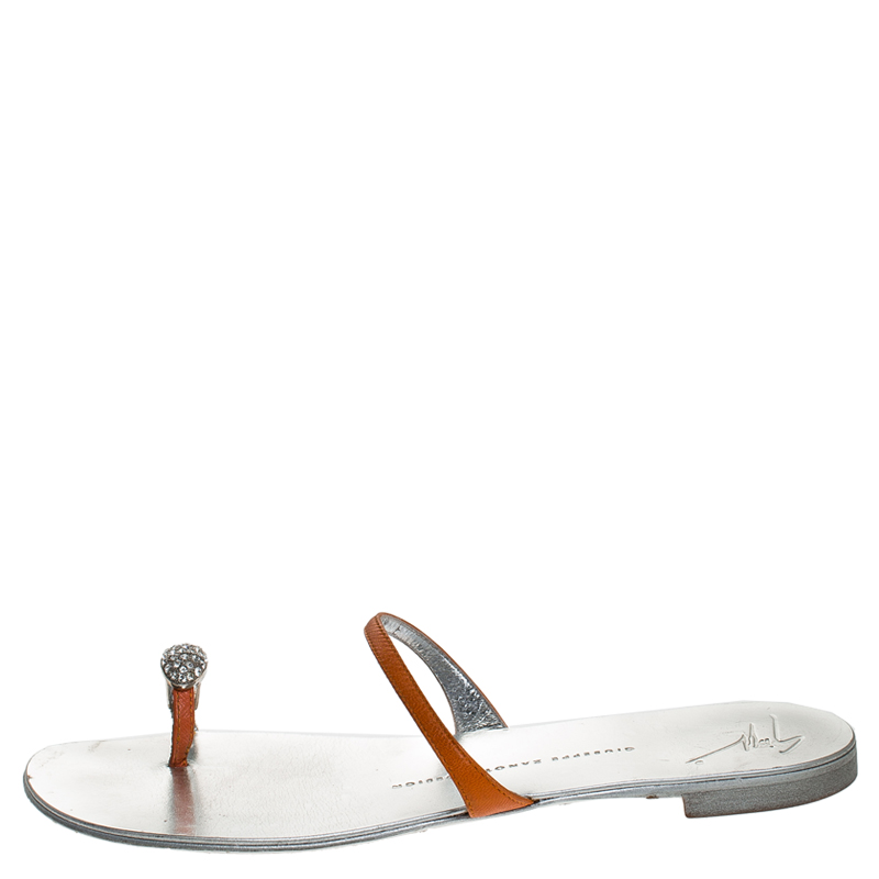 

Giuseppe Zanotti Orange Leather Crystal Toe Ring Sandals Size