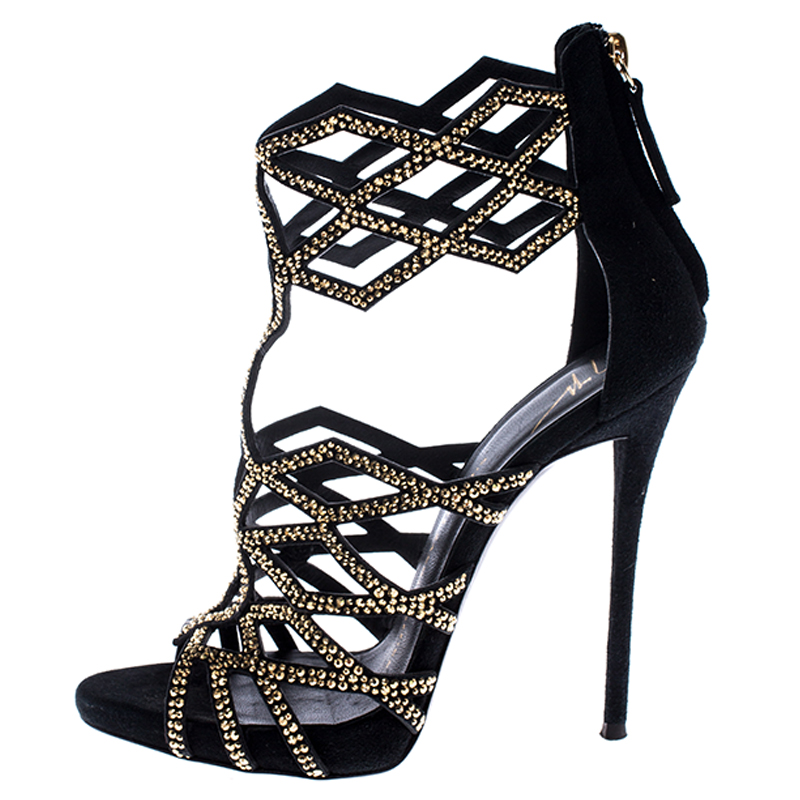 

Giuseppe Zanotti Black Crystal Embellished Suede Cut Out Sandals Size