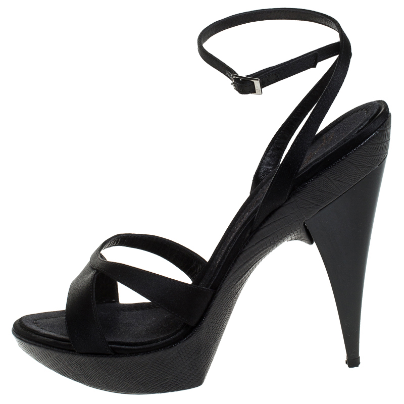 Pre-owned Giuseppe Zanotti Black Satin Platform Ankle Strap Sandals Size 40.5