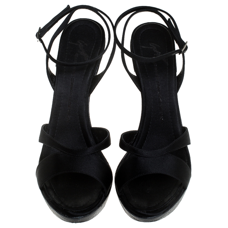 Pre-owned Giuseppe Zanotti Black Satin Platform Ankle Strap Sandals Size 40.5