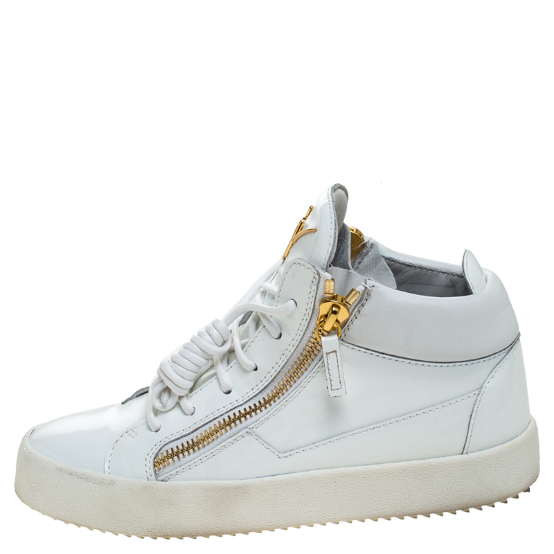 

Giuseppe Zanotti White Patent Leather London High Top Sneakers Size