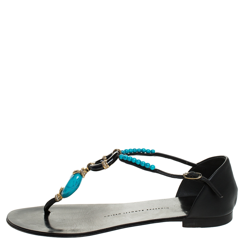 

Giuseppe Zanotti Black Leather Turquoise Beaded Ankle Strap Thong Sandals Size