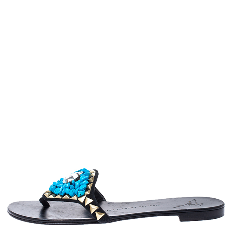 

Giuseppe Zanotti Black Suede Turquoise Stone Embellished Thong Sandals Size