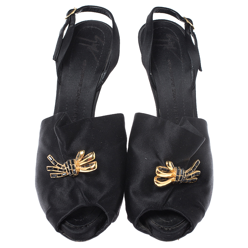 Pre-owned Giuseppe Zanotti Black Satin Bow Crystal Embellished Slingback Sandals Size 39
