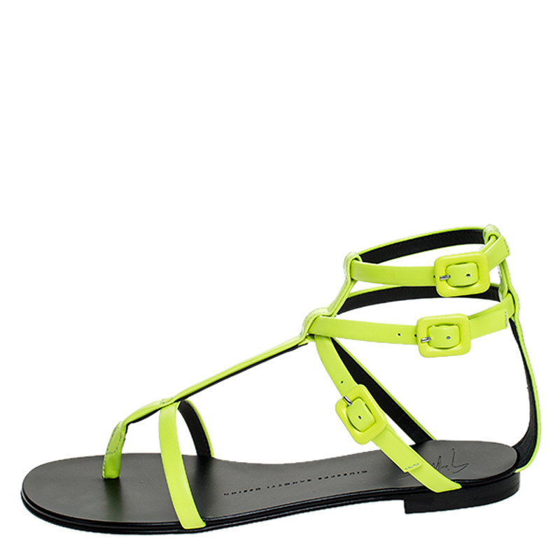 

Giuseppe Zanotti Neon Green Leather Rock 10 T-Strap Flat Sandals Size