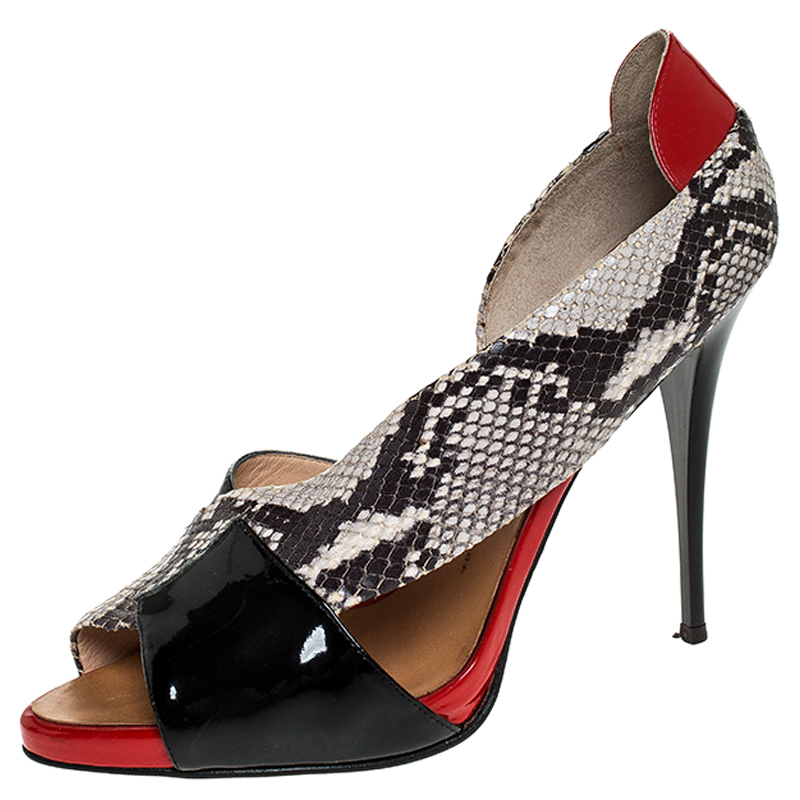 

Giuseppe Zanotti Black/Red Cross Patent Leather and Python Embossed Leather Open Toe Sandals Size