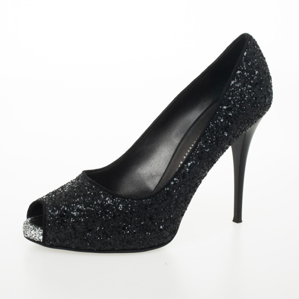 Pre Owned Giuseppe Zanotti Black Glitter Peep Toe Pumps Size 39.5