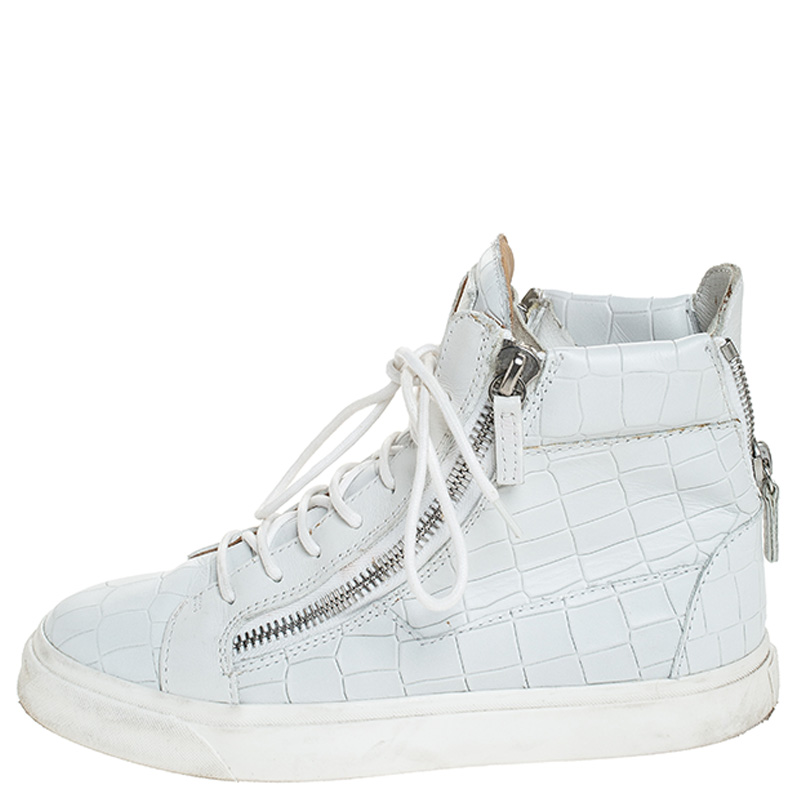 

Giuseppe Zanotti White Croc Embossed Leather London High Top Sneakers Size