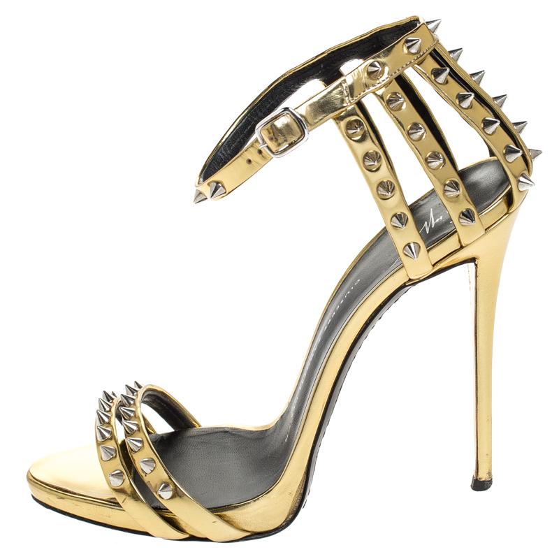 

Giuseppe Zanotti Gold Metallic Spike Leather Ankle Strap Sandals Size