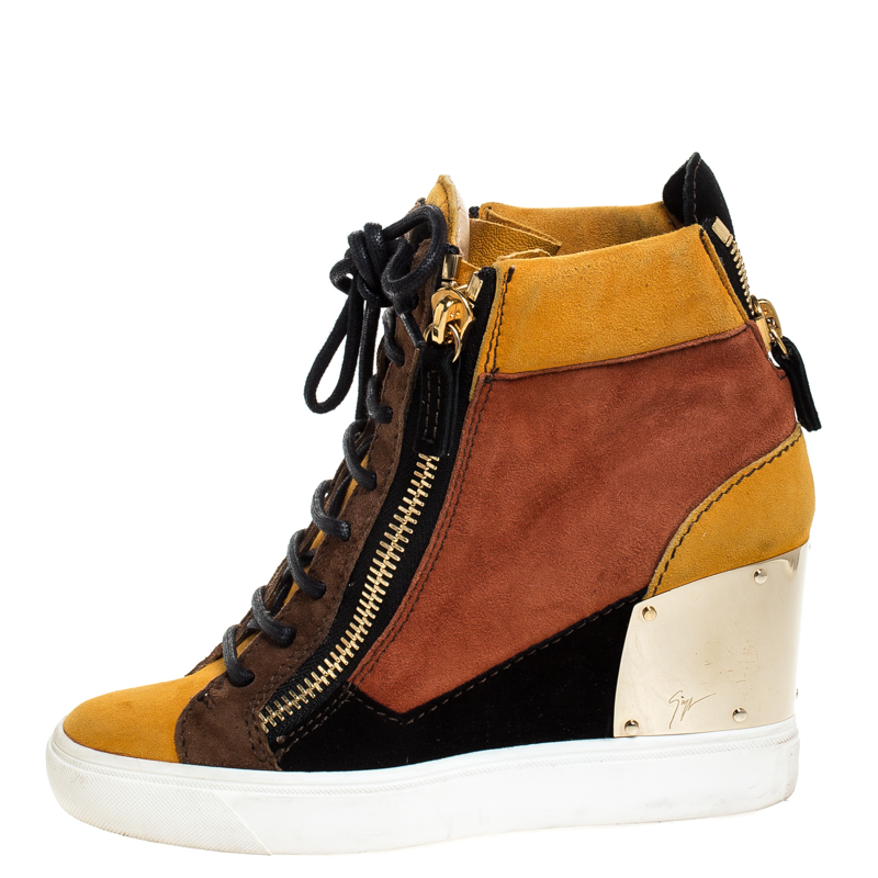 

Giuseppe Zanotti Multicolor Suede Hidden Wedge Sneakers Size