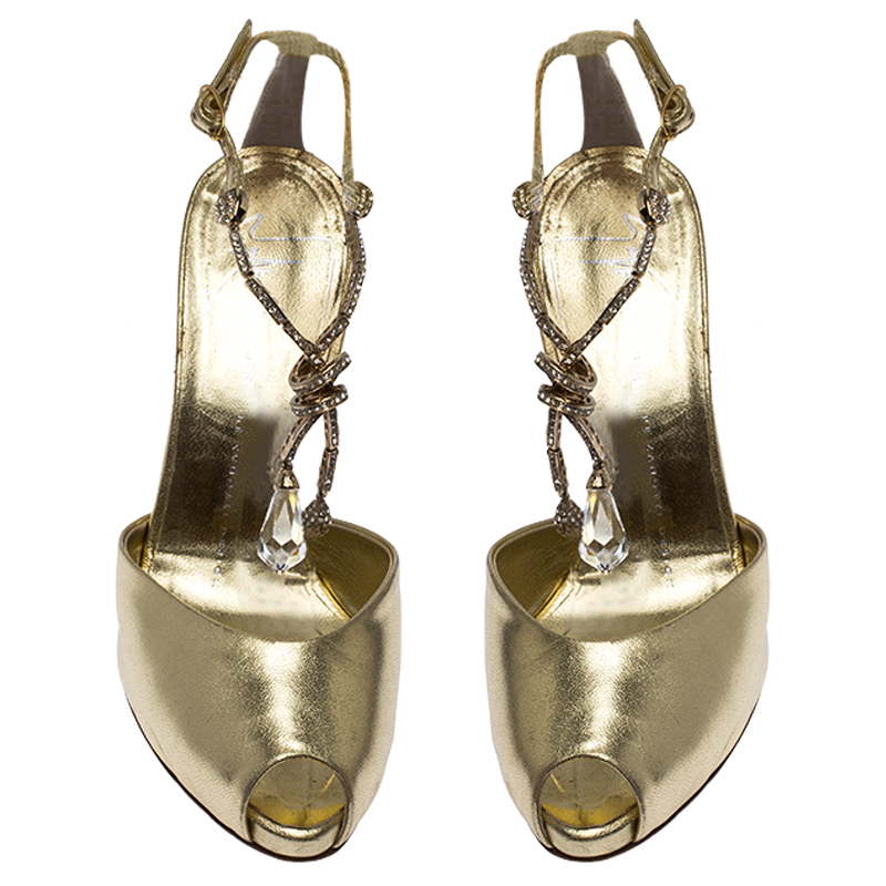 Pre-owned Giuseppe Zanotti Metallic Gold Leather Dangle Crystal Embellishment Sandals Size 37