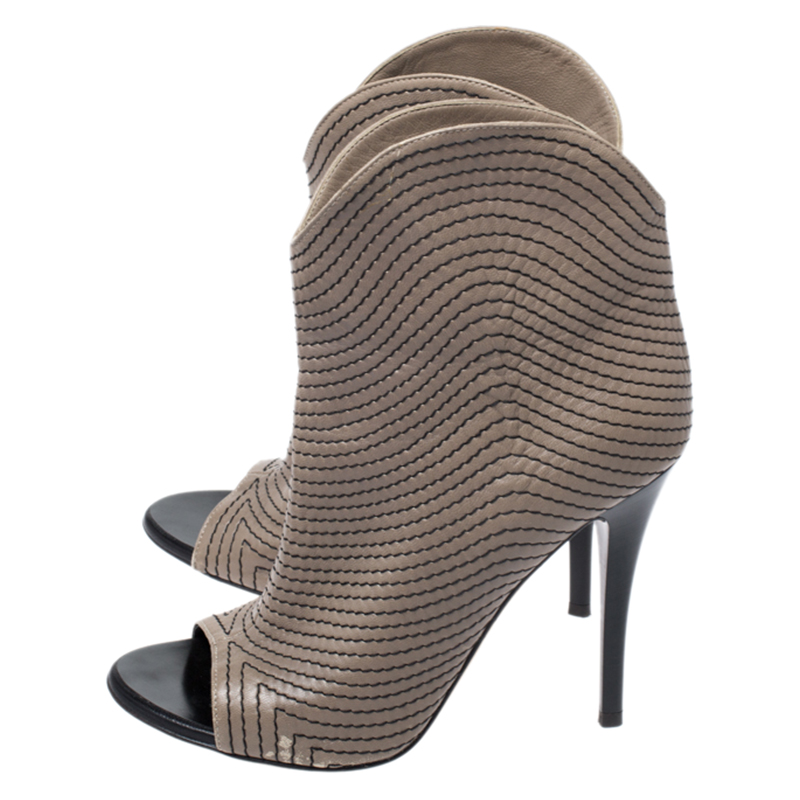 Pre-owned Giuseppe Zanotti Dark Beige Stitch Detail Leather Peep Toe Ankle Booties Size 37.5