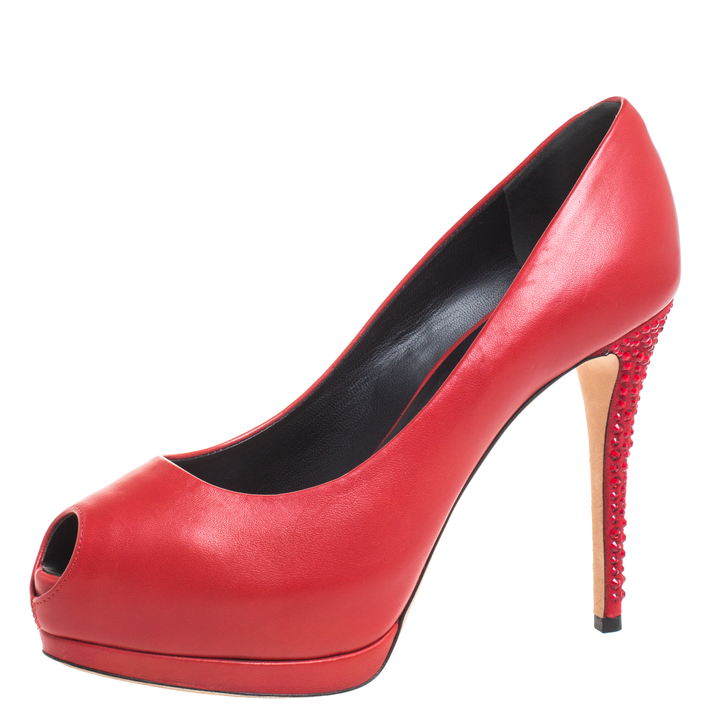 

Giuseppe Zanotti Red Leather And Suede Crystal Embellished Peep Toe Platform Pumps Size
