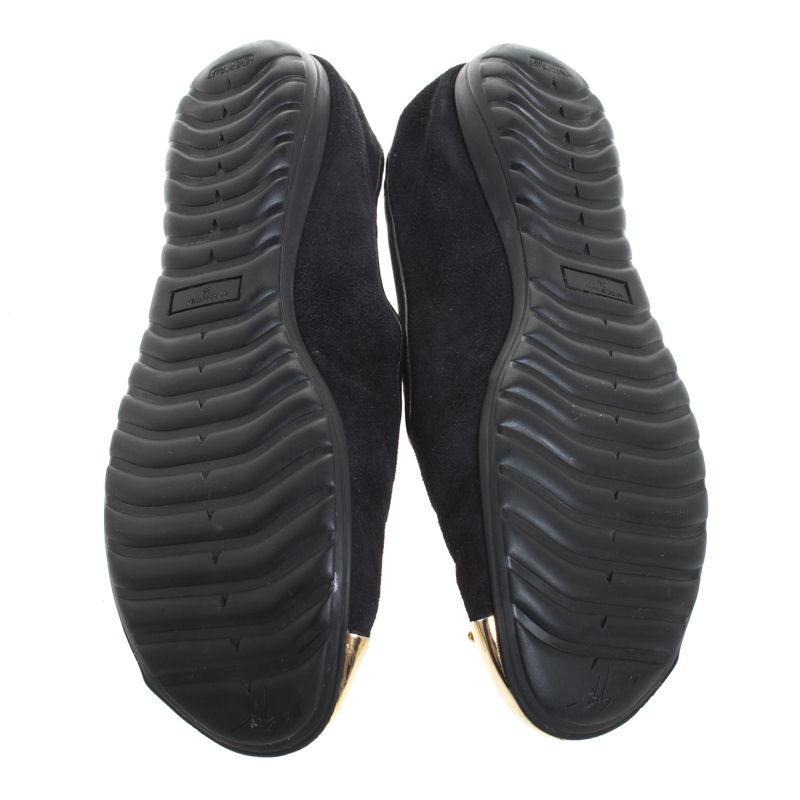 Pre-owned Giuseppe Zanotti Black Suede Gold-tone Cap Toe Logo Embellished Smoking Slippers Size 36