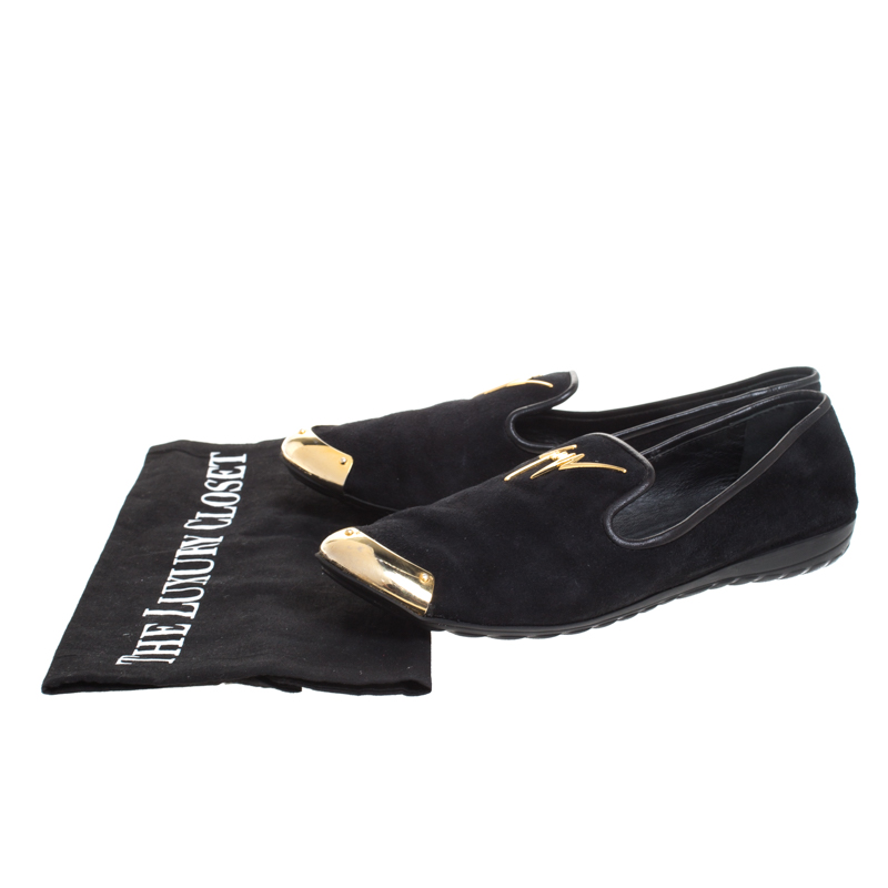 Pre-owned Giuseppe Zanotti Black Suede Gold-tone Cap Toe Logo Embellished Smoking Slippers Size 36