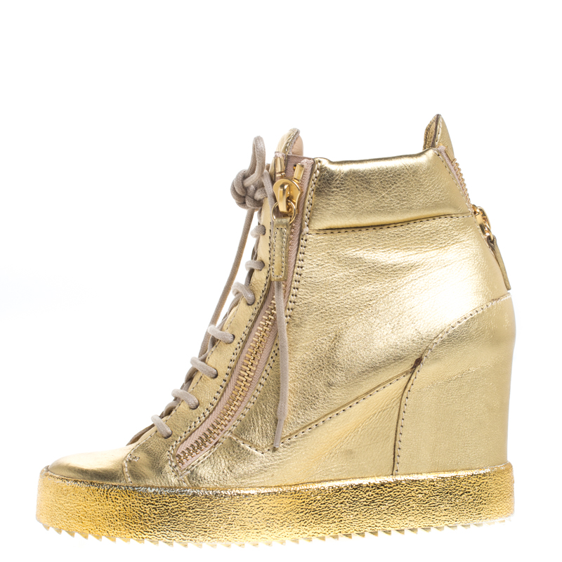 

Giuseppe Zanotti Gold Leather High Top Wedge Sneakers Size, Metallic