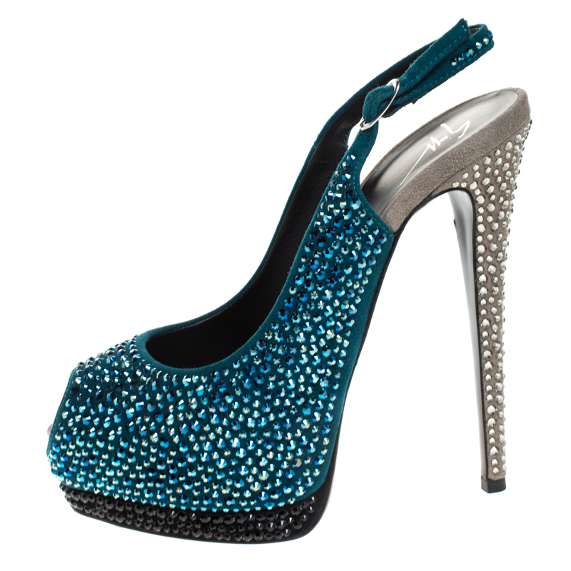 

Giuseppe Zanotti Tri Color Suede Crystal Embellished Peep Toe Platform Slingback Sandals Size, Multicolor