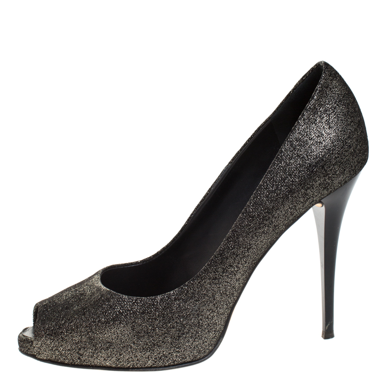 Pre-owned Giuseppe Zanotti Black/grey Glitter Fabric Peep Toe Pumps Size 40