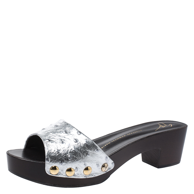 Pre-owned Giuseppe Zanotti Silver Ostrich Embossed Leather Gladis ...