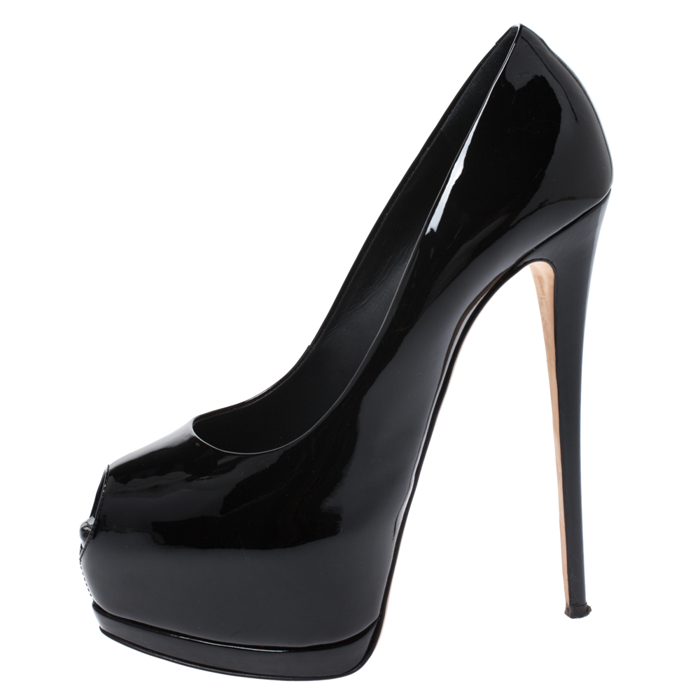 

Giuseppe Zanotti Black Patent Leather Super Sharon Peep Toe Pumps Size