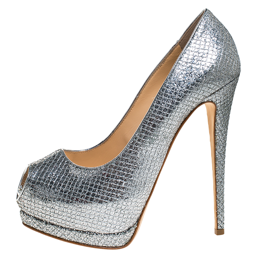 

Giuseppe Zanotti Silver Glitter Fabric Peep Toe Platform Pumps Size