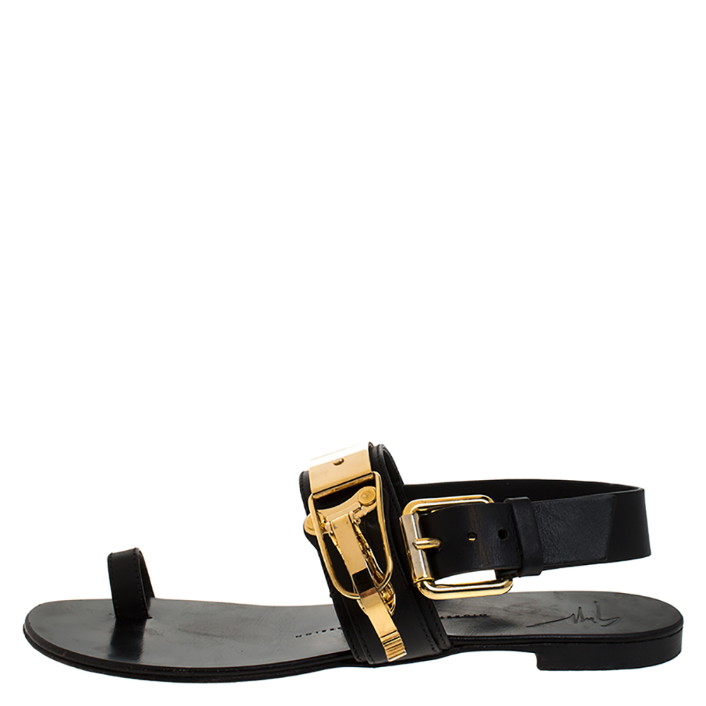 

Giuseppe Zanotti Black Leather Toe Ring Buckle Slingback Flats Size