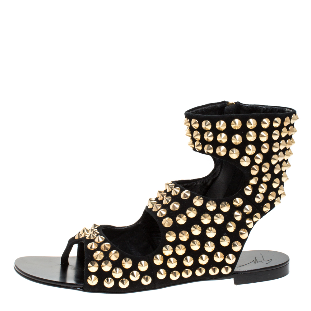 

Giuseppe Zanotti Black Suede Leather Studded Ankle Flat Sandals Size