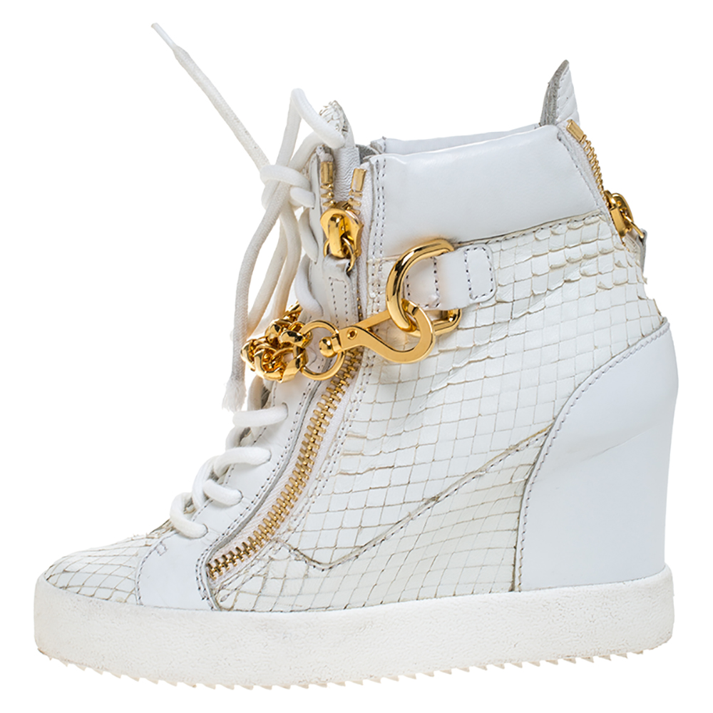 

Giuseppe Zanotti White Snake Embossed Leather High Top Wedge Sneakers Size