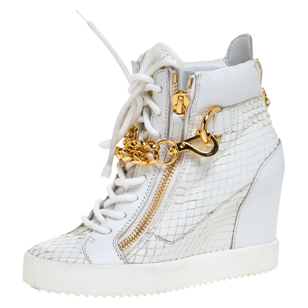 Pre-owned Giuseppe Zanotti White Snake Embossed Leather High Top Wedge ...