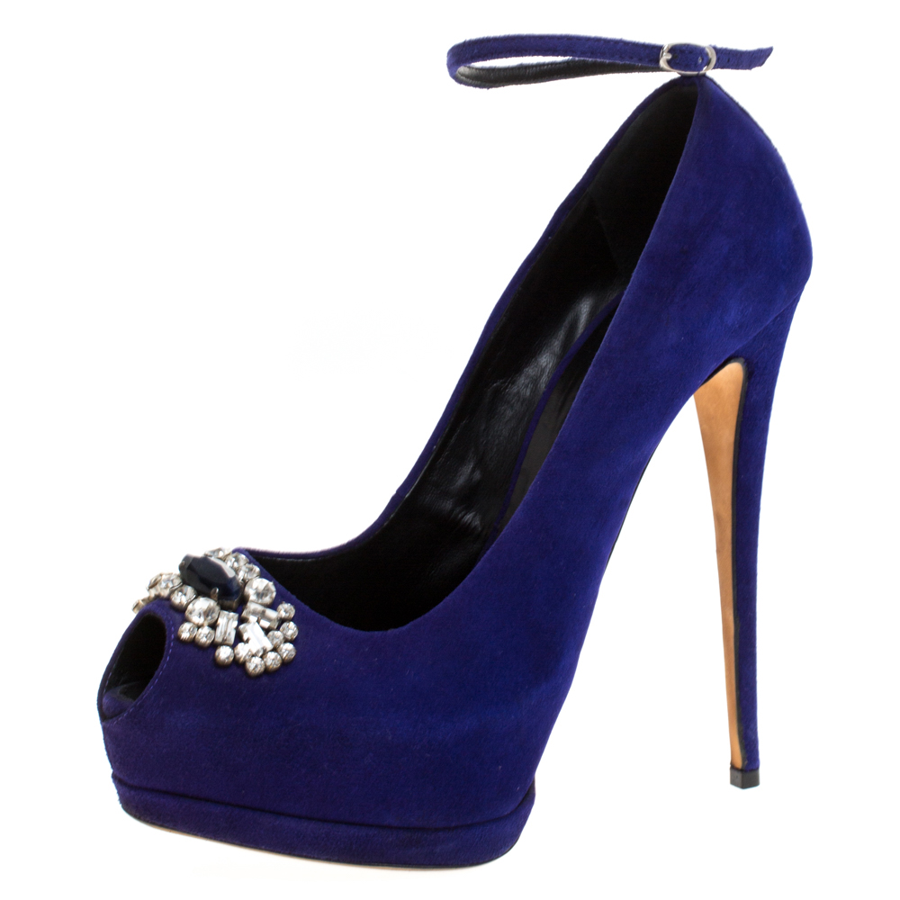 blue suede peep toe heels