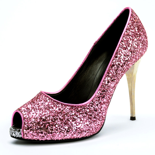 Pre Owned Giuseppe Zanotti Pink Glitter Peep Toe Pumps Size 37.5