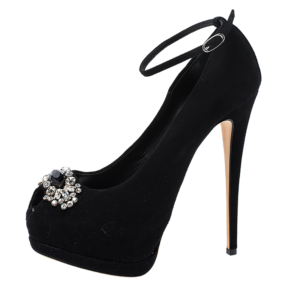 

Giuseppe Zanotti Black Suede Crystal Embellished Ankle Strap Peep Toe Platform Pumps Size
