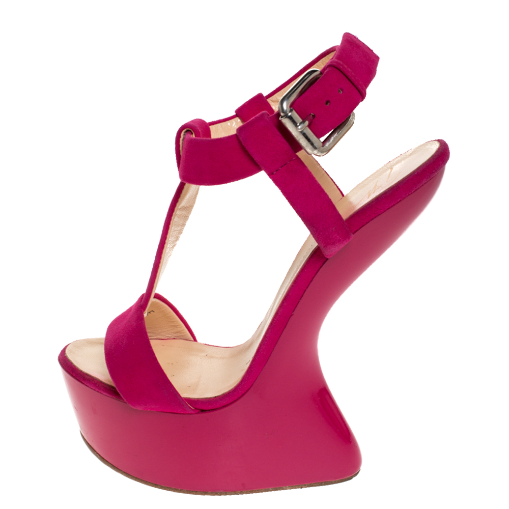 

Giuseppe Zanotti Pink Suede T Strap Platform Heel Less Wedge Sandals Size