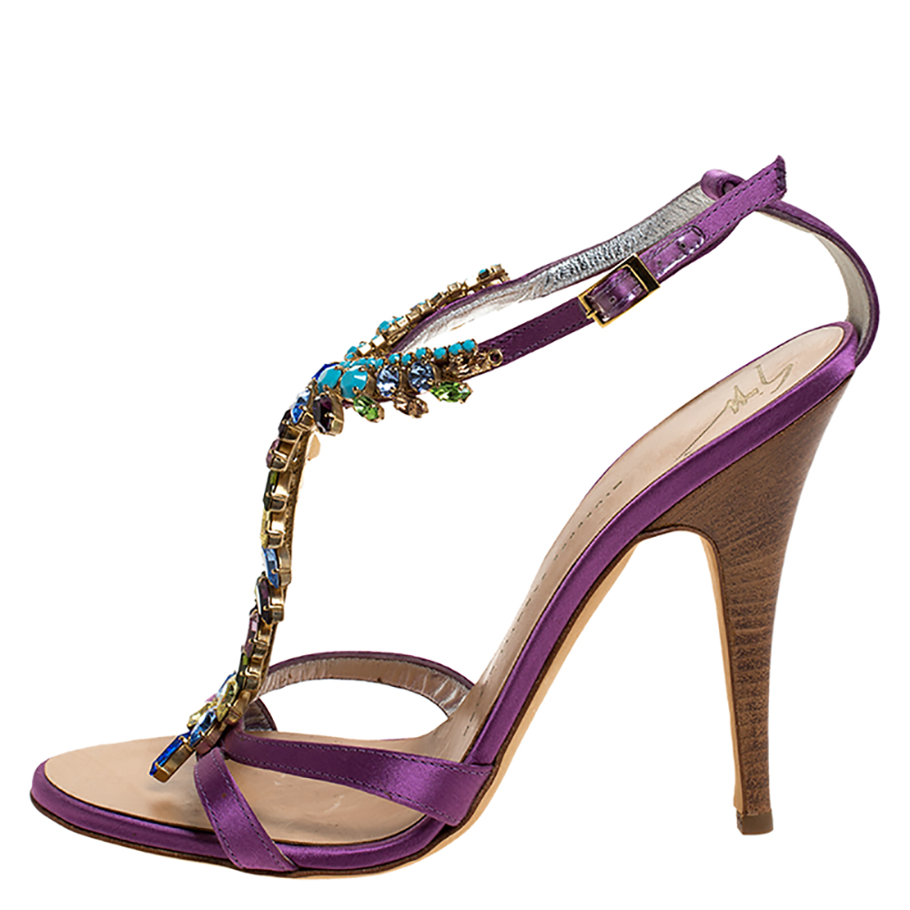

Giuseppe Zanotti Purple Satin Crystal Embellished Ankle Strap Sandals Size
